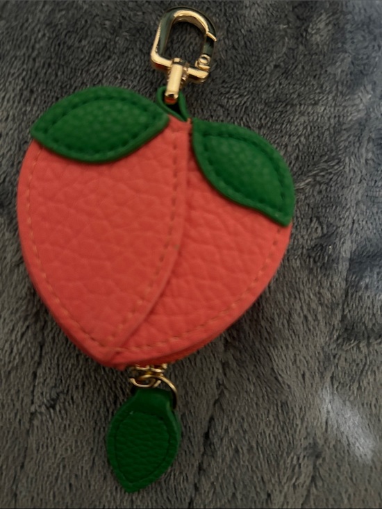 Handbags - Peach-Shaped Coral Keychain Coin Purse with Green Leaf Accents